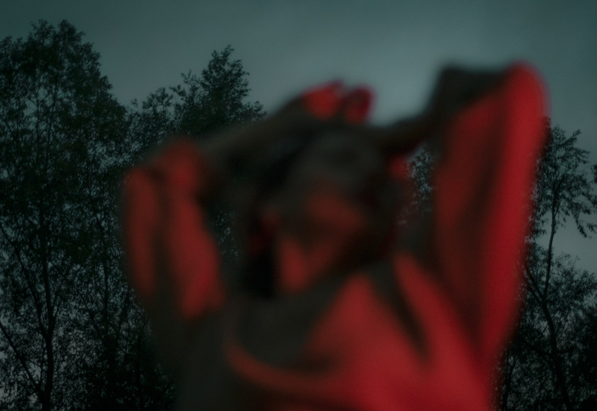 Figura in rosso fuori fuoco tra gli alberi